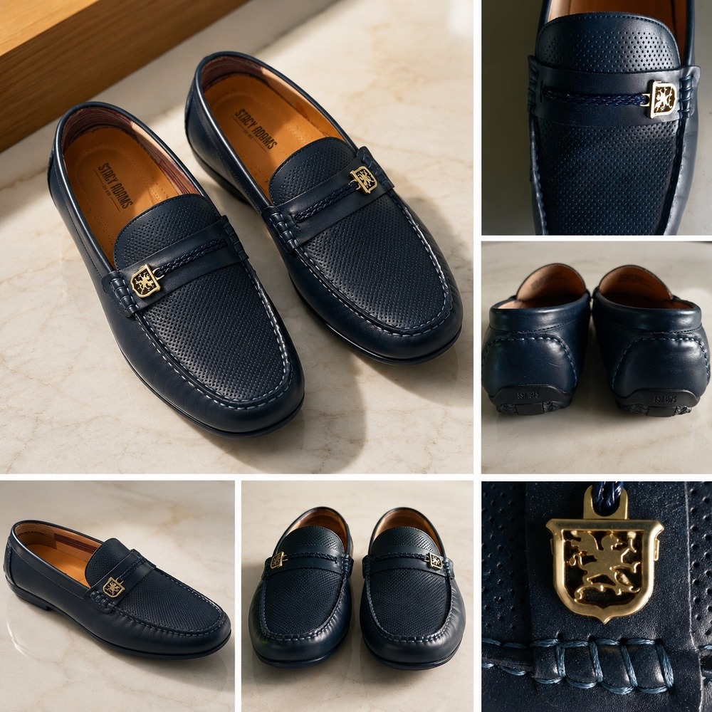 Stacy Adams Mens Navy‎ Blue Perforated Driving Loafers Griffin Crest 13 M
